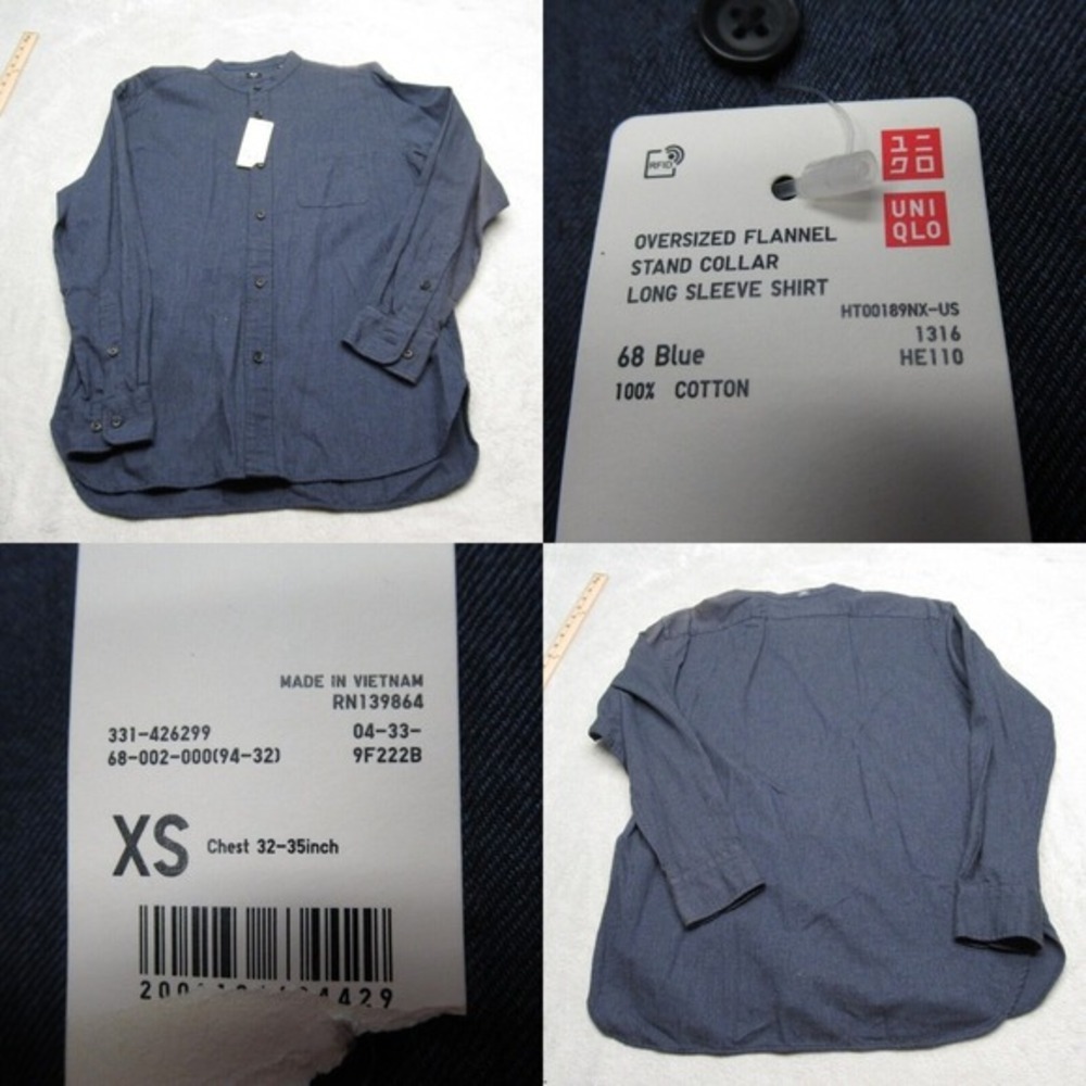 Uniqlo Oversized Flannel Mens XS Tag Fits XL‎ Blue Stand Collar Long Sleeve NWD